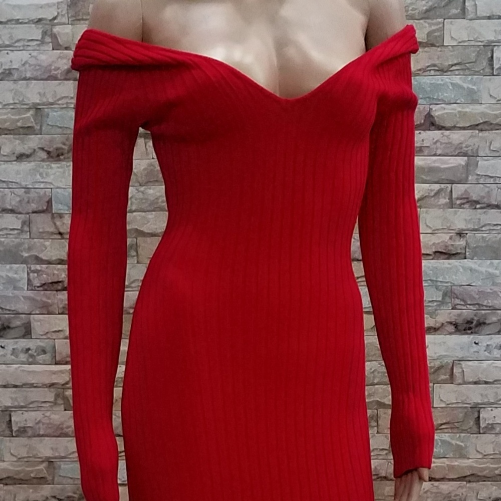 Red Ribbed Midi Sweater Dress - Picture 3 of 6